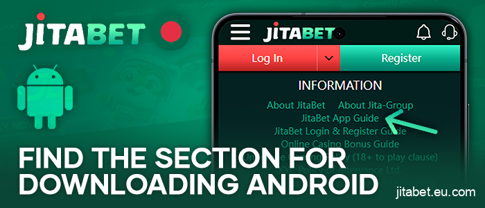 Find the link to the Android app on the JitaBet casino website