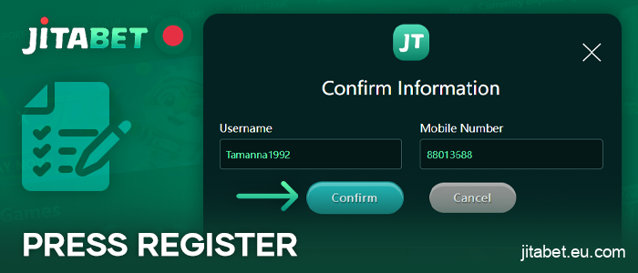 Check your details and confirm your registration at JitaBet Casino